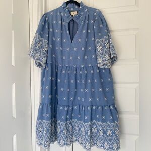 Tuckernuck Crawford Chambray Blue Dress with White Embroidery